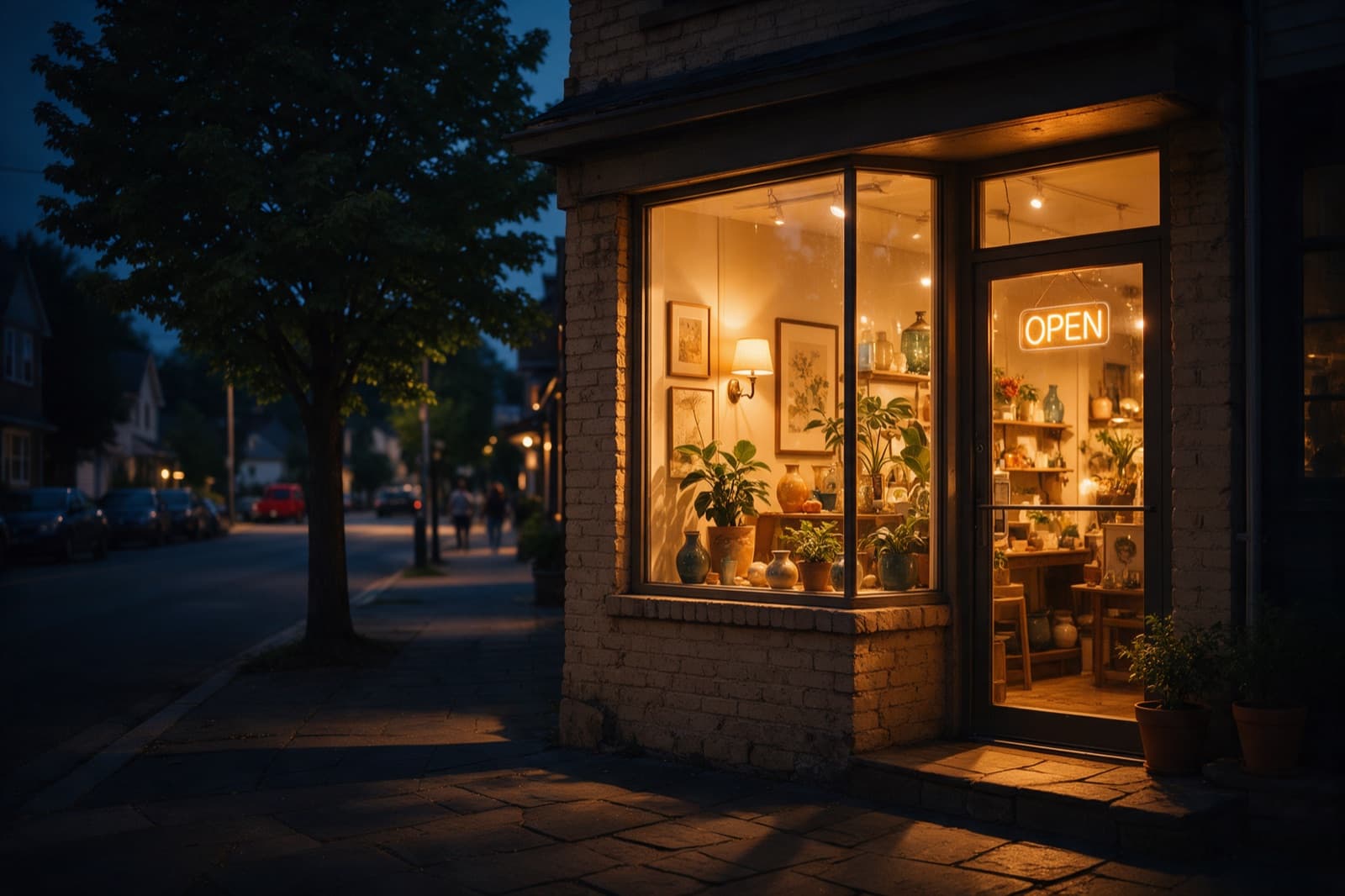 Warmly lit local shop front at dusk with a glowing OPEN sign