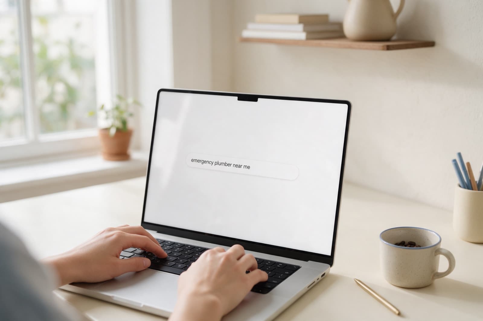 Someone typing 'emergency plumber near me' into a search bar on a laptop